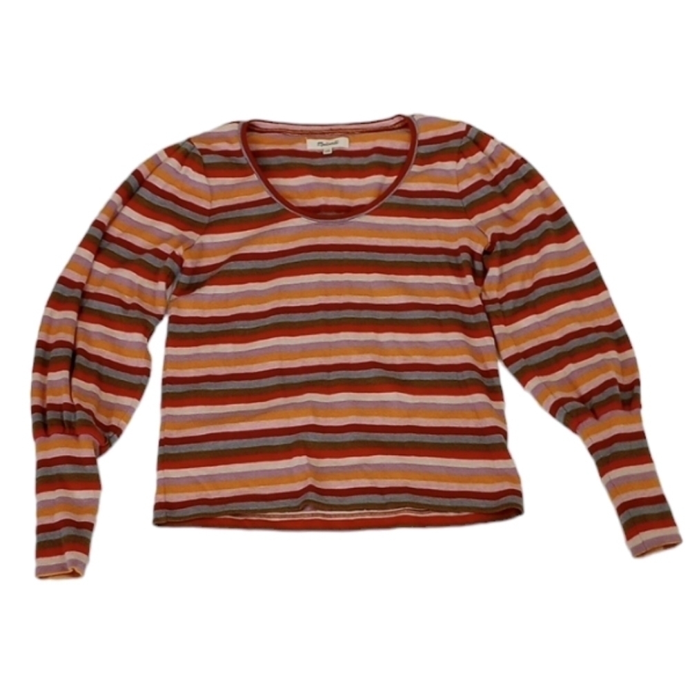 Madewell Womens Pullover Sz XS Striped Puff Sleeve Scoop Neck Top Multi Color